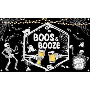 96x72inch Halloween Boos and Booze Backdrop, Gothic Halloween Cocktails Polyester Photography Background for Parties, Horrible Skeleton Photo Booth Prop Decorations