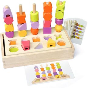 Montessori Wooden Beads Sequencing Toy Set, 2 in 1 Wooden Color Shape Sorters Toys, Geometric Shape Matching Stacking Box Game, Preschool Learning Toys for Kids Boy Girl Toddler 3 4 5 Years
