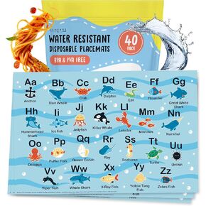 Educational Disposable Placemats for Toddlers - 40 Pcs Sticky Placemats for Babies - Ocean Animals Alphabet ABC - Travel Baby Essentials - Restaurant High Chair Airplane Tray Cover - by Central 23