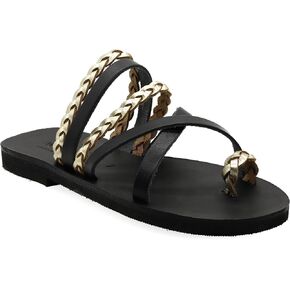 Emmanuela Greek Style Sandals with braided parts, Quality Handmade Leather Toe Ring Flat Sandals, Slide on Summer Shoes for Women, Boho Chic Slider Sandals