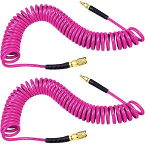 YOTOO Polyurethane Recoil Air Hose 1/4" Inner Diameter by 25' Long with Bend Restrictor, 1/4" Industrial Quick Coupler and Plug, Purple. 2-Pack