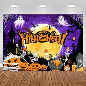 Mocsick Happy Halloween Backdrop for Photography Orange Night Moon Halloween Party Decoration Trick or Treat Skull Pumpkin Spider Halloween Banner Photo Booth Props (Orange, 7x5ft(82''x60''))