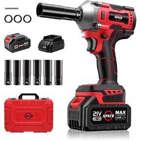 APATB Cordless Impact Wrench, 1/2 inch 580Ft-lbs(800N.m) Brushless Impact Wrench, 3300RPM High Torque Electric Impact Gun w/ 2x 4.0Ah Battery,Charger,3 Extension Bars & 6 Sockets