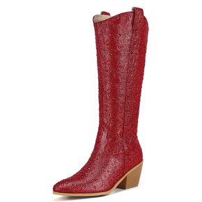 IDIFU IN3 Rhinestone Cowboy Boots For Women Knee High Western Cowgirl Boots Pointed Toe Block Chunky Heels Sparkly Glitter Long Tall Dress Booties Party Bling Shiny Boots