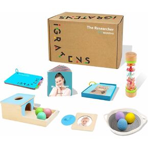 Montessori Baby Toys for 7-8 Months, 8 in 1 Wooden Montessori Toys, Learning Educational Set, Newborn Toys with Object Permanence Box, Sensory Ball & Rainmaker, Mirror Puzzle, Texture Cards