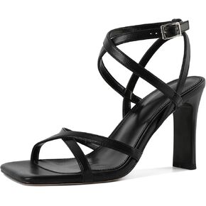 كعب Strappy للنساء مربع مفتوح اصبع القدم مكتنزة عالية الكعب الصنادل حزام الكاحل 3.5 بوصة فستان مريح أحذية حفلات الزفاف