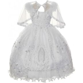 BluNight Collection Virgin Mary Embroidery Off Shoulder Baby Infant Girl Baptism Christening Dress