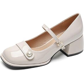 Women's Patent Leather Pearl Monk Strap Chunky Heel Mary Janes Fashion Square Toe Ankle Strap Mid Block Heel Business Formal Pumps Grace Wedding Prom Party Dress Shoes