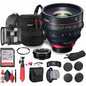 Canon CN-E 20mm T1.5 L F Cinema Lens (EF Mount) (3174C002) + Mount Adapter EF-EOS R + 64GB Ultra Memory Card + Padded Lens Case + UV Filter + Backpack + Flexible Tripod + Cap Keeper + More (Renewed)