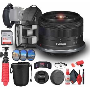 Canon RF-S 10-18mm f/4.5-6.3 is STM Lens RF (6262C002) + 64GB Card + Lens Pouch + Filter Kit + Backpack + Flexible Tripod + Cap Keeper + Cleaning Kit + Memory Card Wallet + More (Renewed)