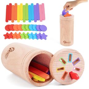 FCSONU Toddler Kids Wooden Montessori Toys for 1-3 Year Old, 3-in-1 Color Sorting Toys | Shape Sorting & Stacking Toys | Sensory Toys, Christmas Birthday Gifts for Boys Girls Baby Infants
