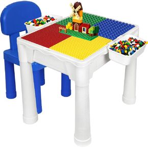 Building Blocks Table for Kids 7 in 1 Multi Toddler Activity Table Set with Chair & 2 Hanging Storage Shelves Compatible with Building Bricks