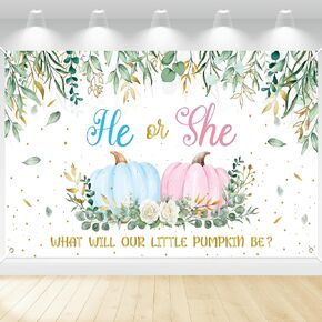 ANGOLIO Thanksgiving Pumpkin Gender Reveal Backdrop He or She Pink or Blue Baby Shower Party Autumn Fall Photography Background Banner Photo Prop