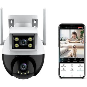 2k PTZ Auto Tracking Night Vision 360° CCTV Outdoor Wireless Security Home IP WiFi Camera，Binocular Surveillance，1+1 Lens，Two Way Audio Waterproof IP66