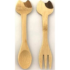 4582, Set of 2 Kitty Cat Themed Bamboo Spoon and Fork Set for Kids | Appetizer Fruit Dessert Ice Cream Yogurt Spice Salt Sugar Spoon and Fork
