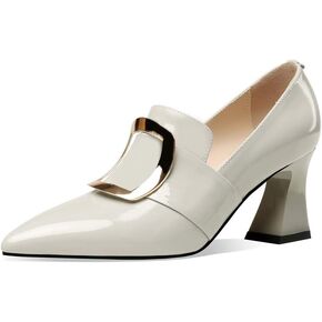TinaCus Glossy Patent Leather Women's Handmade Pointed Toe Spool Heel Golden Square Pattern Decor Slip On Loafer Pumps