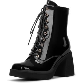 Women's Chunky Heel Square Toe Platform Ankle Boots Lace Up Booties