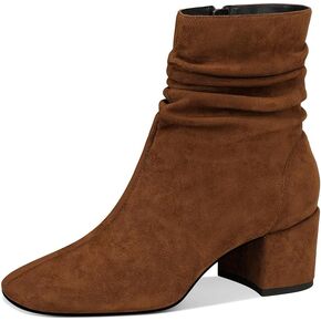 MSONLYDN Women's Low Chunky Heel Ankle Boots - 2.4 Inch Suede Block Heel Round Toe Side Zipper Strap Short Boots for Work Casual Wear