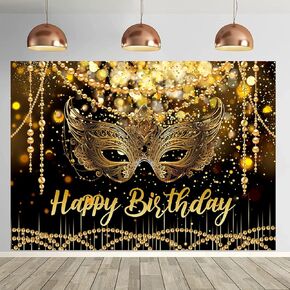 7X5FT Black and Gold Glitter Happy Birthday Backdrop Masquerade Mask Party Decorations Supplies Banner Masquerade Theme Carnival Dancing Photography Background