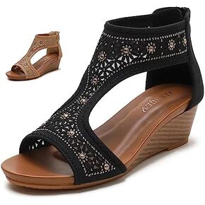 WENOREG Women's Rhinestone Open Toe Gladiator Platform Wedge Sandals,Summer Fashion Sequin T Strap Zip Back Non-Slip Mid Heel Bohemia Comfortable Beach Walking Sandals Dressy Shoes
