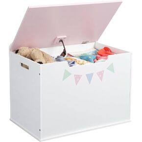 Navaris Wooden Toy Box - Versatile Storage Bench with Lid for Boys & Girls - Childrens Trunk Ideal for Toys Blankets Books and Clothes - Kids Toybox Chest with Soft Closure - Pink