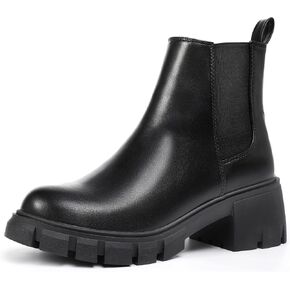 IDIFU IN2 Chelsea Ankle Boots for Women Low Block Chunky Women's Boots Round Toe Short Heeled Ankle Booties Fashion Cute Comfort Trendy Dress Booties Fall Lady Slip On Lug Sole Boots
