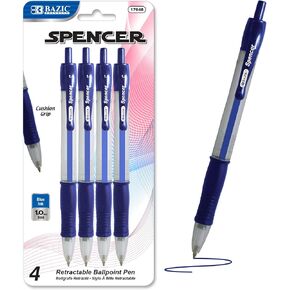 BAZIC Spencer Red Retractable Pen w/ Cushion Grip (4/Pack)
