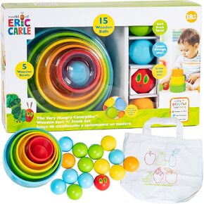 KIDS PREFERRED World of Eric Carle The Very Hungry Caterpillar Wooden Sort and Stack Bowls and Balls Set – Wooden Educational Toy with 5 Bowls and 15 Balls