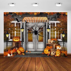 Avezano Halloween Fall Backdrop for Photography Horror Scary Nightmare Pumpkin Shop Background for Party Decorations Halloween Haunted Huge Bat and Spider Party Supplies (7x5ft)