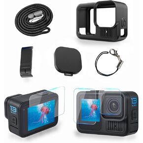 Silicone Sleeve Case for GoPro Hero 13 Black, Accessories Kit Bundle of Battery Side Cover&Lens Guard Cap&a Set of Tempered Glass Screen Protectors&Lanyard for Go Pro Hero 13