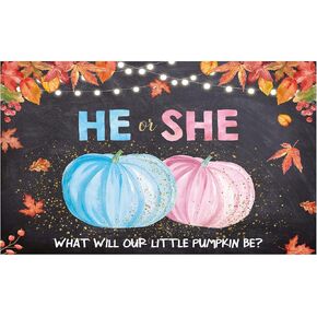 Funnytree Little Pumpkin Gender Reveal Backdrop Fall He or She Pink or Blue Boy or Girl Baby Shower Party Banner Decor Autumn Maple Leaves Photography Background Supplies Photo Booth Prop Favors