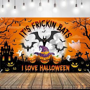 It's Frickin Bats I Love Halloween Backdrop 72 x 44 inch Large Size Funny Spooky Halloween Banner for Halloween Theme Party Home Yard Decorations Photo Props