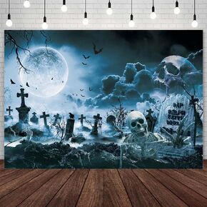 7x5ft Halloween Backdrop for Photography Gray Horror Moon Night Scary Cemetery Skull Photo Backdrop Kids Adult Family Party Birthday Banner Decor Halloween Photo Shoot Props in Kuwait