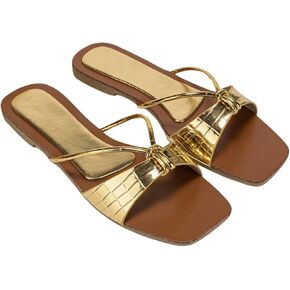 GORGLITTER Women's Metallic Sandals Strappy Open Toe Slip on Slide Sandals