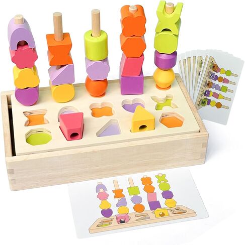 Montessori Wooden Beads Sequencing Toy Set, 2 in 1 Wooden Color Shape Sorters Toys, Geometric Shape Matching Stacking Box Game, Preschool Learning Toys for Kids Boy Girl Toddler 3 4 5 Years in Saudi Arabia