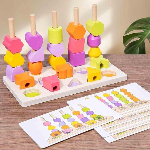 Montessori Wooden Beads Sequencing Toy Set, 2 in 1 Wooden Color Shape Sorters Toys, Geometric Shape Matching Stacking Box Game, Preschool Learning Toys for Kids Boy Girl Toddler 3 4 5 Years in Saudi Arabia