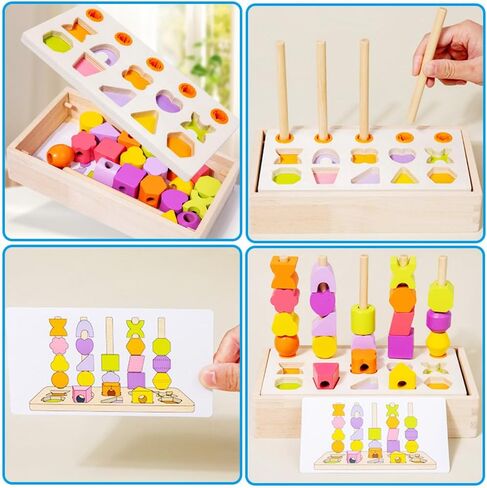 Montessori Wooden Beads Sequencing Toy Set, 2 in 1 Wooden Color Shape Sorters Toys, Geometric Shape Matching Stacking Box Game, Preschool Learning Toys for Kids Boy Girl Toddler 3 4 5 Years in Saudi Arabia