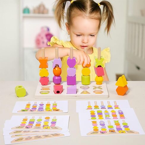 Montessori Wooden Beads Sequencing Toy Set, 2 in 1 Wooden Color Shape Sorters Toys, Geometric Shape Matching Stacking Box Game, Preschool Learning Toys for Kids Boy Girl Toddler 3 4 5 Years in Saudi Arabia
