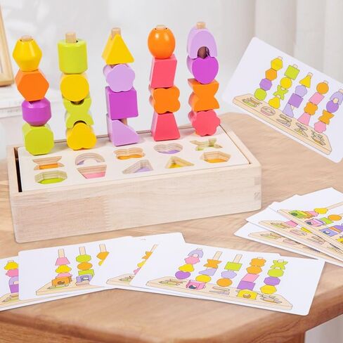 Montessori Wooden Beads Sequencing Toy Set, 2 in 1 Wooden Color Shape Sorters Toys, Geometric Shape Matching Stacking Box Game, Preschool Learning Toys for Kids Boy Girl Toddler 3 4 5 Years in Saudi Arabia