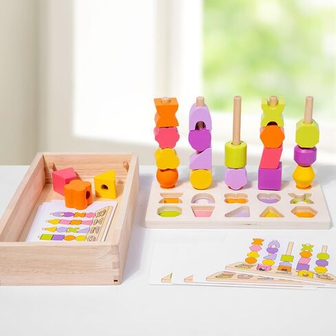 Montessori Wooden Beads Sequencing Toy Set, 2 in 1 Wooden Color Shape Sorters Toys, Geometric Shape Matching Stacking Box Game, Preschool Learning Toys for Kids Boy Girl Toddler 3 4 5 Years in Saudi Arabia