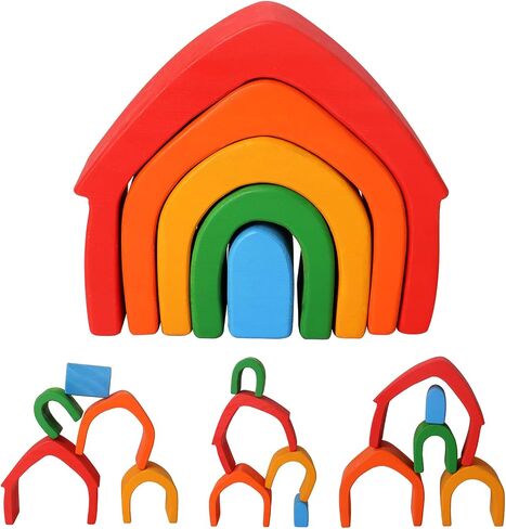 Wooden Rainbow Stacking Toys, 12 Pcs Wood Building Blocks Set Wooden Building Blocks Nesting Puzzles, Early Matching Educational Learning Montessori Toys for Kids 3 4 5 6 Years and Up in Saudi Arabia