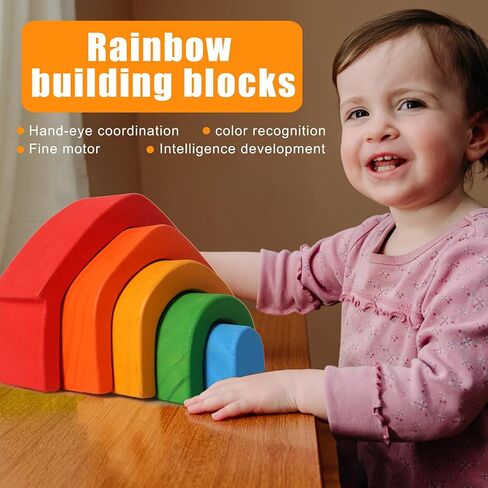 Wooden Rainbow Stacking Toys, 12 Pcs Wood Building Blocks Set Wooden Building Blocks Nesting Puzzles, Early Matching Educational Learning Montessori Toys for Kids 3 4 5 6 Years and Up in Saudi Arabia
