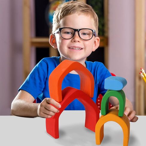 Wooden Rainbow Stacking Toys, 12 Pcs Wood Building Blocks Set Wooden Building Blocks Nesting Puzzles, Early Matching Educational Learning Montessori Toys for Kids 3 4 5 6 Years and Up in Saudi Arabia