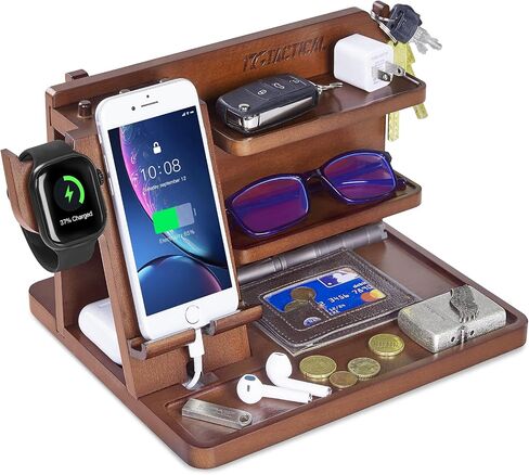 Nightstand Organizer, Wood Phone Docking Station with Adjustable Rack, Bedside Desk Organizer, EDC Tray for Men, Dads, Husbands – Ideal for Anniversaries and Birthdays - Dark Brown in Saudi Arabia