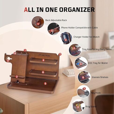 Nightstand Organizer, Wood Phone Docking Station with Adjustable Rack, Bedside Desk Organizer, EDC Tray for Men, Dads, Husbands – Ideal for Anniversaries and Birthdays - Dark Brown in Saudi Arabia