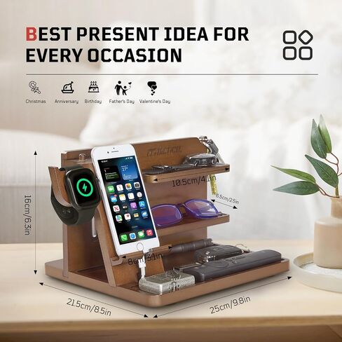 Nightstand Organizer, Wood Phone Docking Station with Adjustable Rack, Bedside Desk Organizer, EDC Tray for Men, Dads, Husbands – Ideal for Anniversaries and Birthdays - Dark Brown in Saudi Arabia