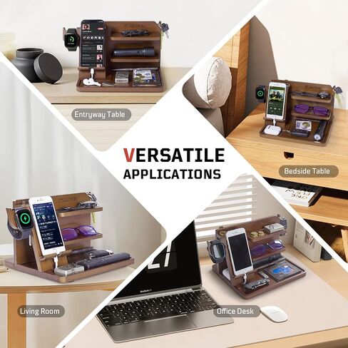 Nightstand Organizer, Wood Phone Docking Station with Adjustable Rack, Bedside Desk Organizer, EDC Tray for Men, Dads, Husbands – Ideal for Anniversaries and Birthdays - Dark Brown in Saudi Arabia