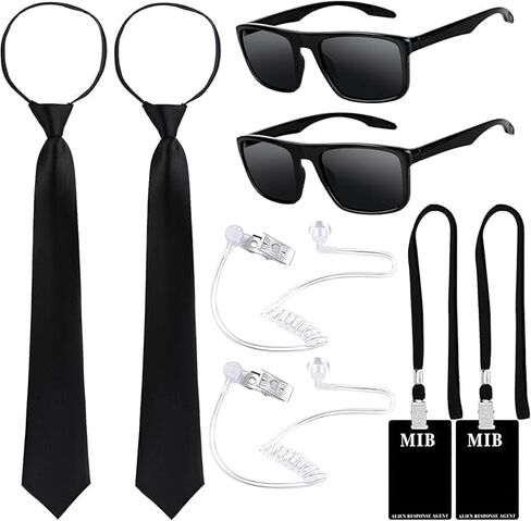 4Pcs Halloween Agent Costume Set Include Sunglasses Zip Tie ID Badge Prop and Fake Earpiece for Alien Party Dress Up（Style 1） in Kuwait