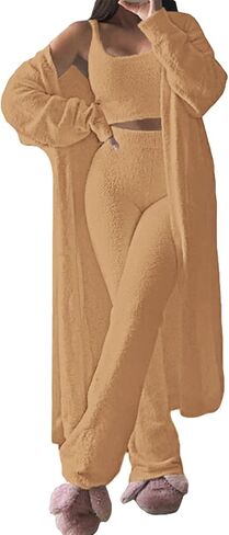 Women's Fuzzy 3 Piece Sweatsuit Open Front Cardigan Crop Tank Tops Wide Legs Pants Lounge Sets in Kuwait