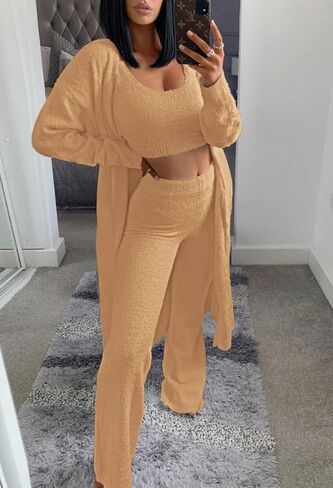 Women's Fuzzy 3 Piece Sweatsuit Open Front Cardigan Crop Tank Tops Wide Legs Pants Lounge Sets in Kuwait